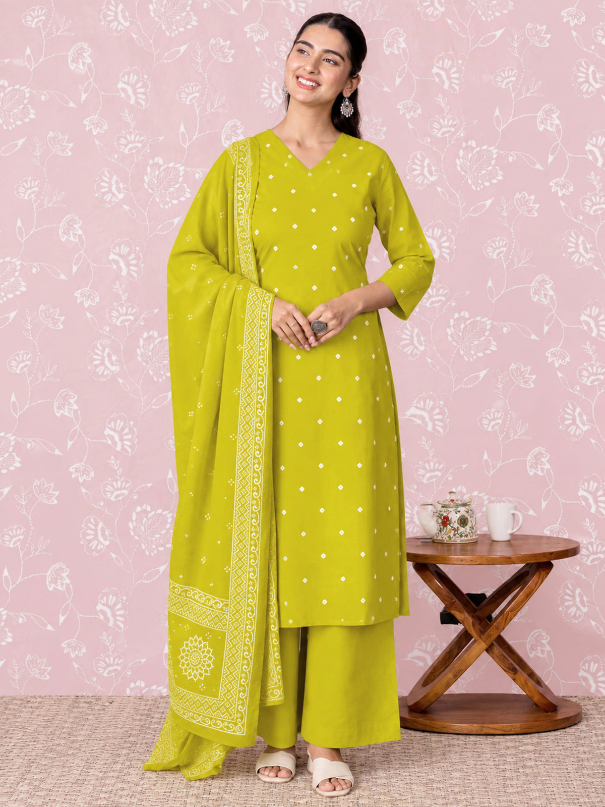 Soft Cotton Butta Straight Green Kurta