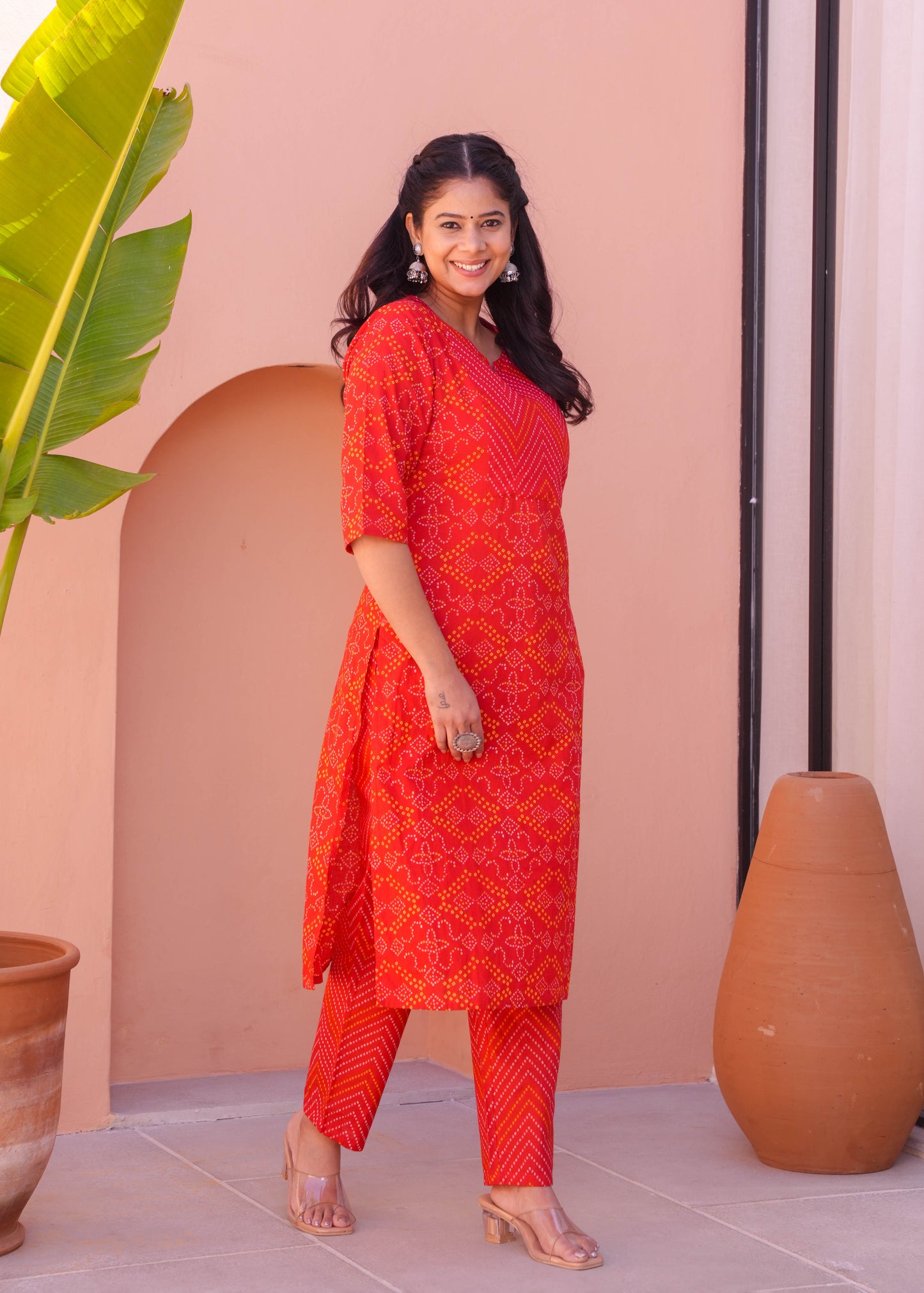 Soft Cotton Bandhani Straight Red Kurta