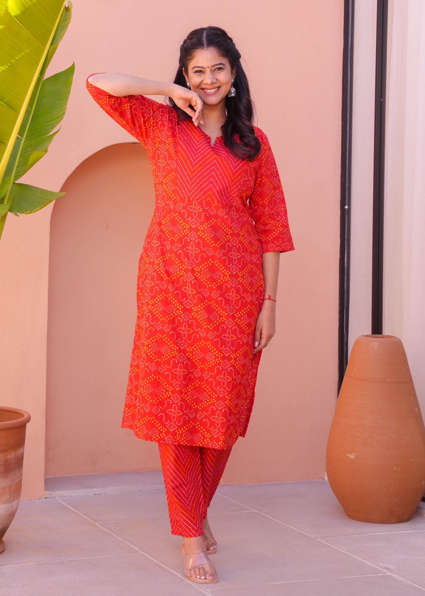 Soft Cotton Bandhani Straight Red Kurta