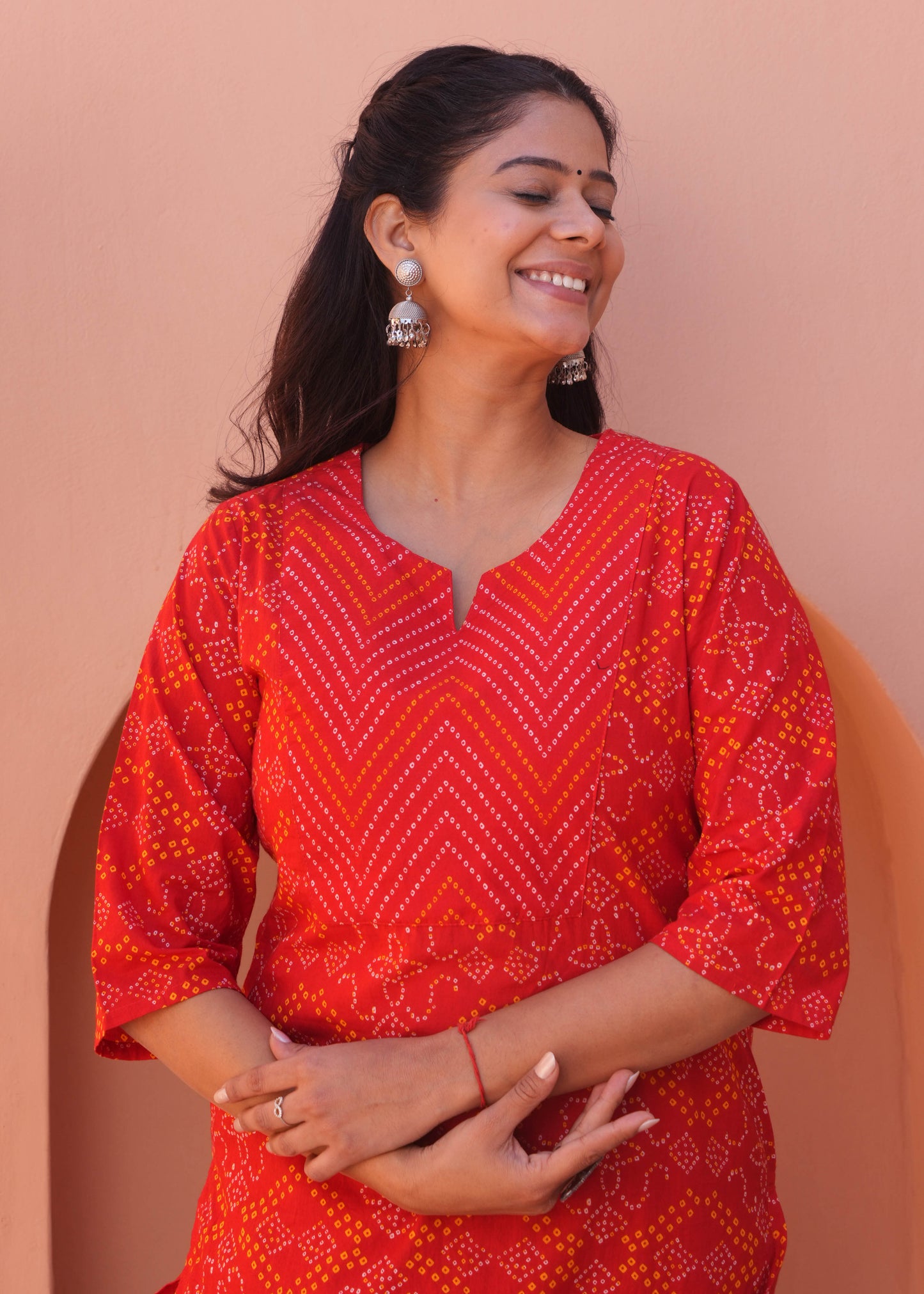 Soft Cotton Bandhani Straight Red Kurta