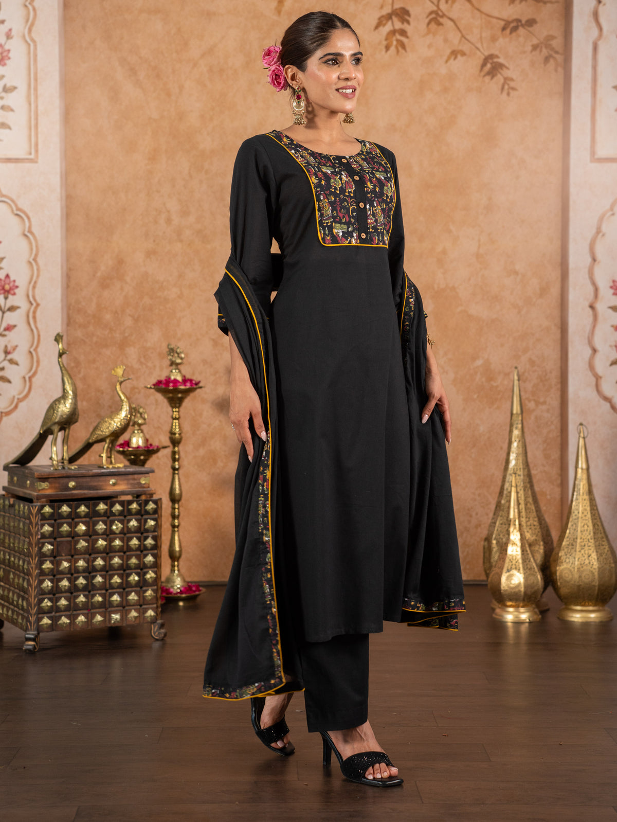 Soft Cotton Solid Straight Black Kurta