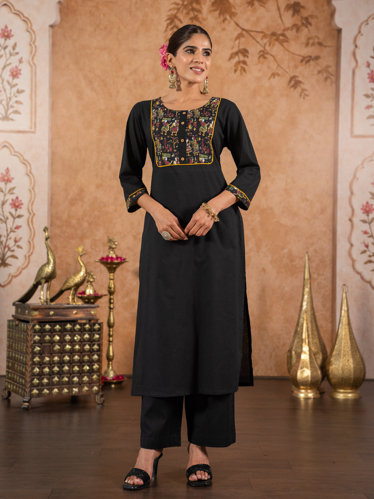 Soft Cotton Solid Straight Black Kurta