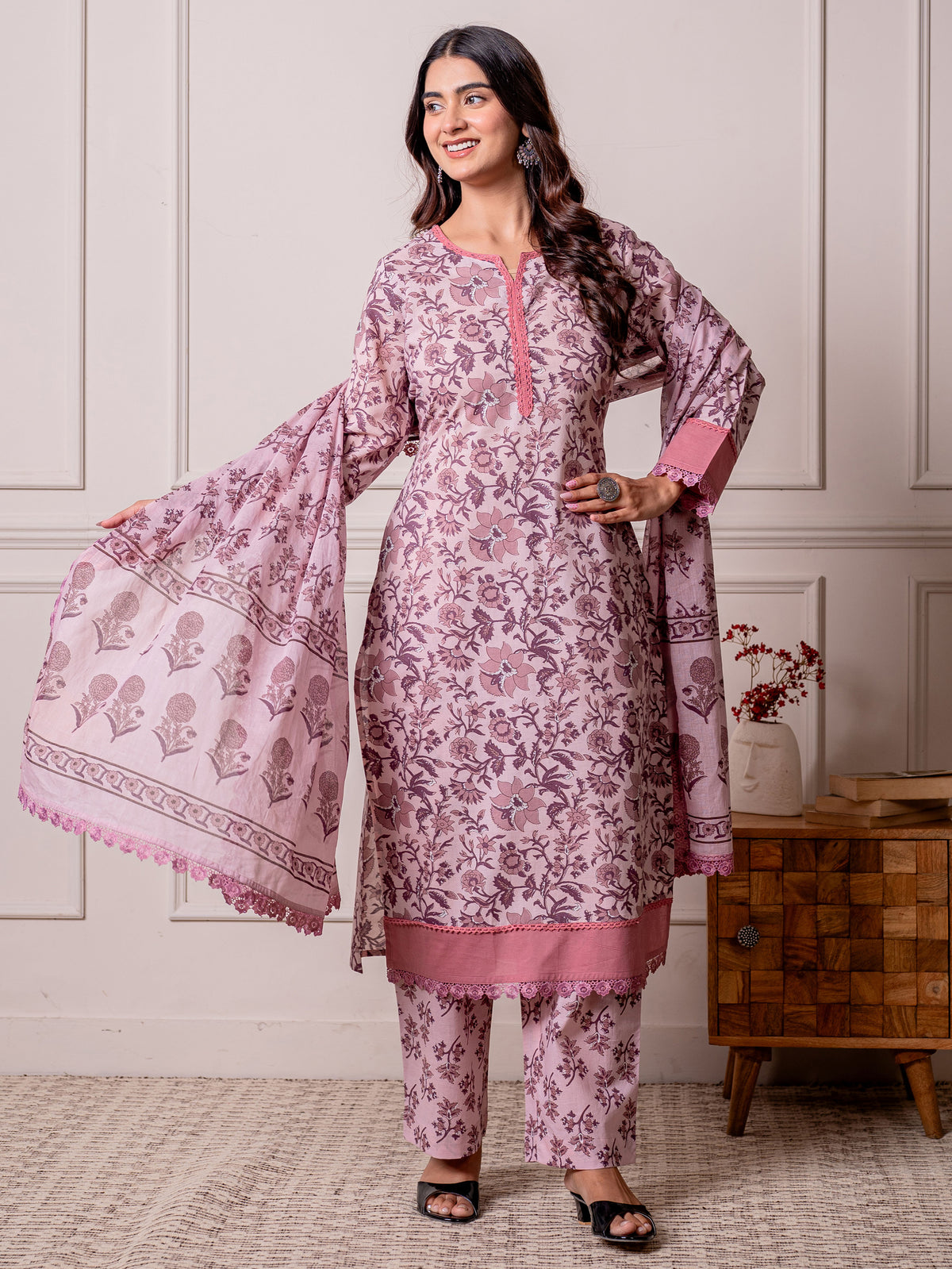 Soft Cotton Jaal Straight Lavender Kurta