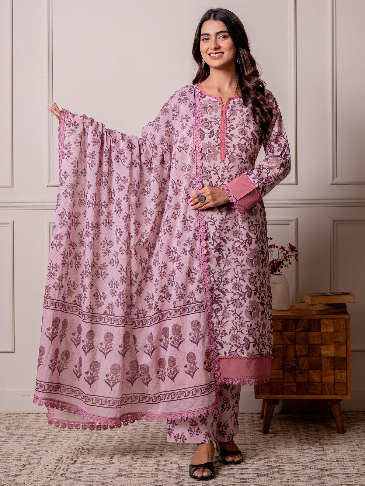 Soft Cotton Jaal Straight Lavender Kurta
