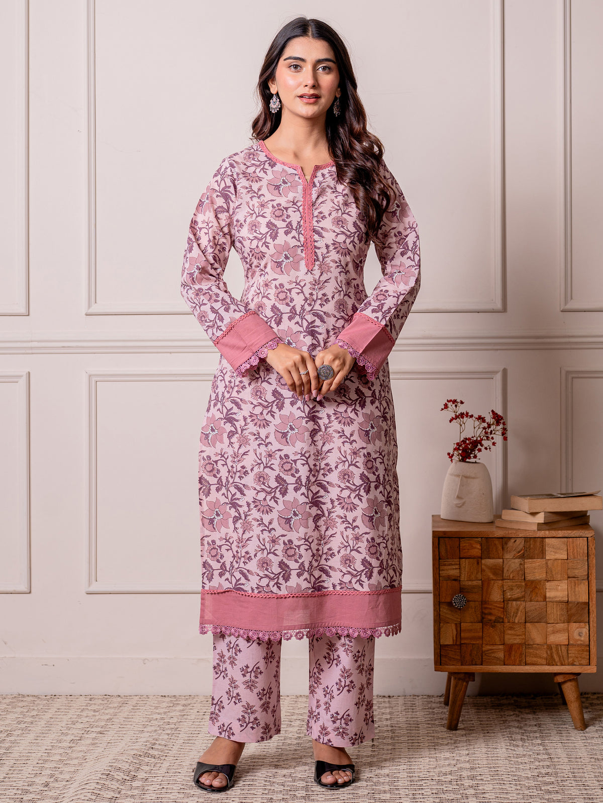 Soft Cotton Jaal Straight Lavender Kurta