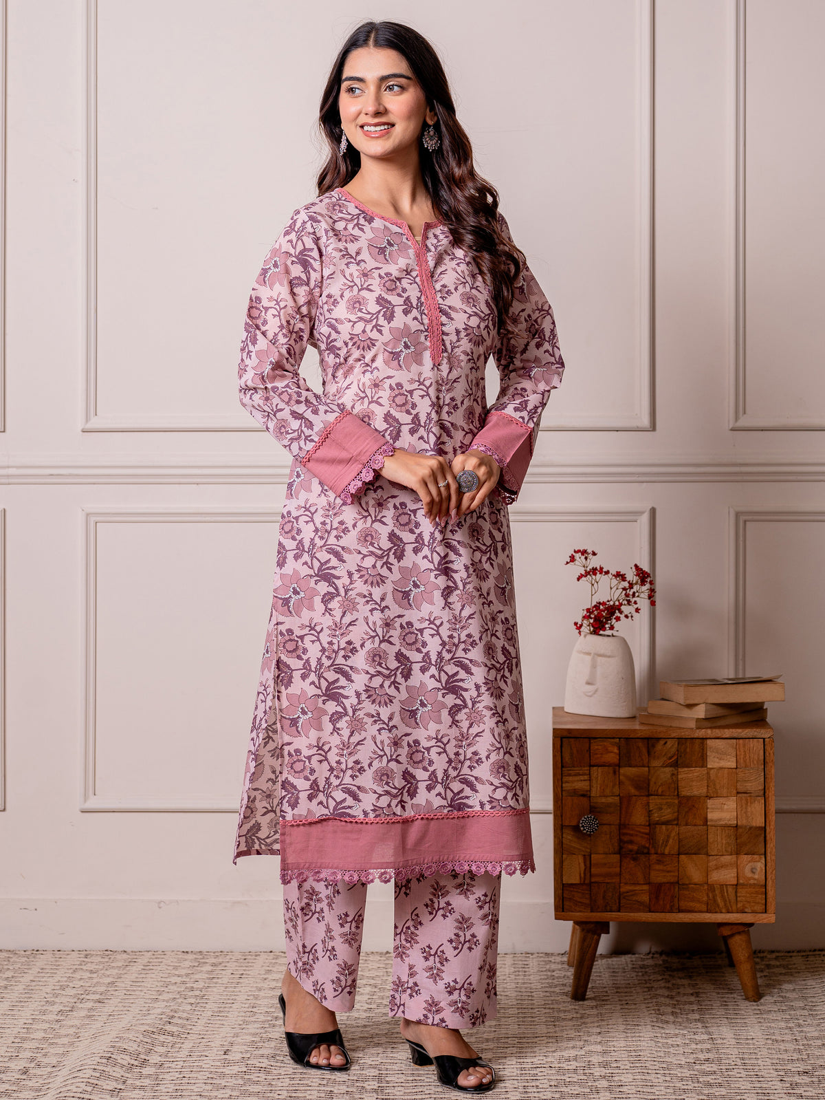 Soft Cotton Jaal Straight Lavender Kurta
