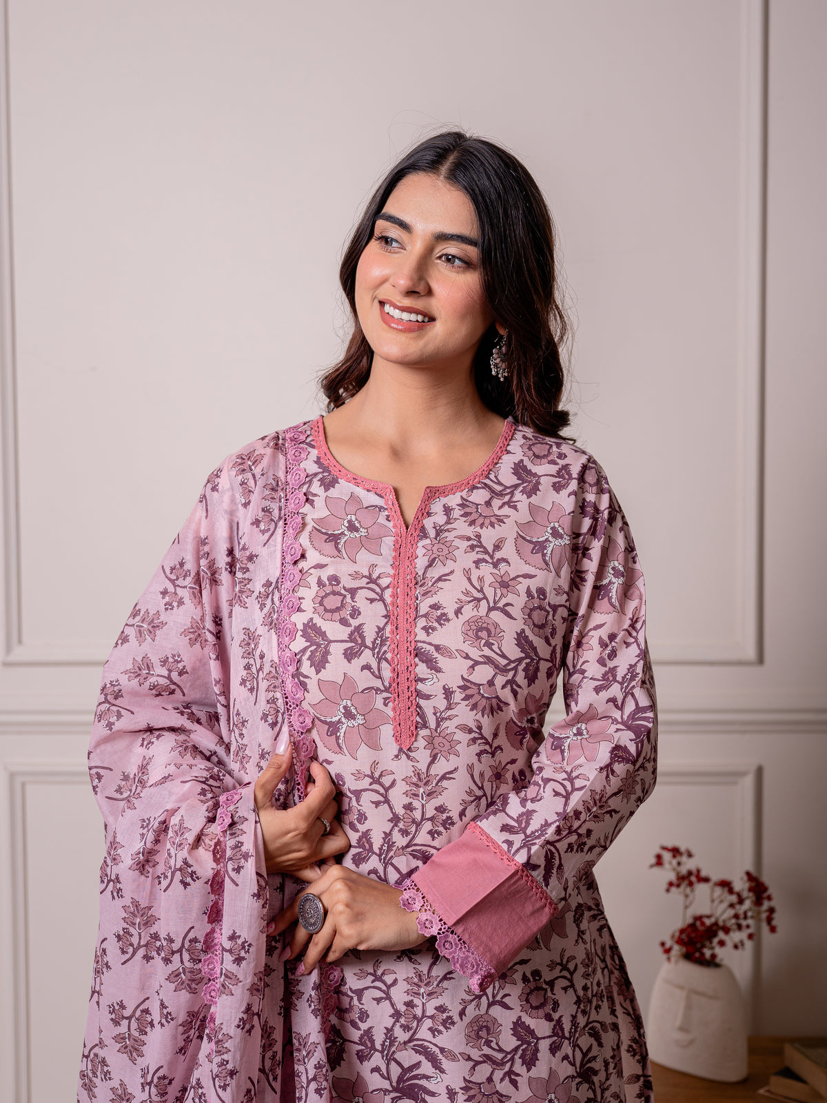 Soft Cotton Jaal Straight Lavender Kurta