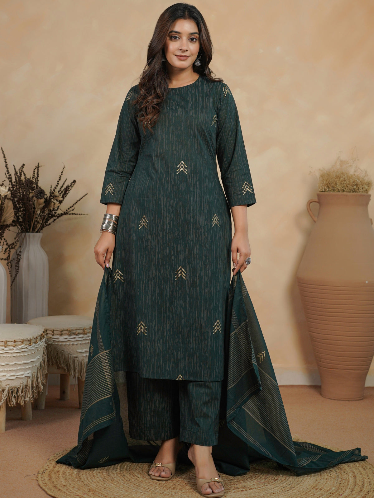 cotton voile gold foil green dupatta