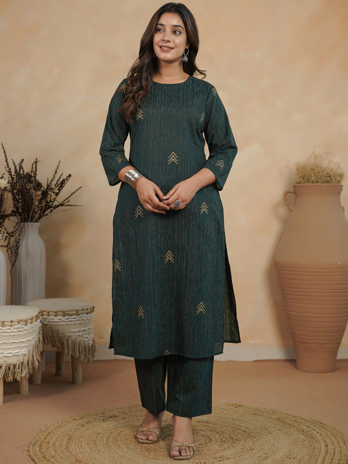 soft cotton gold foil straight green kurta