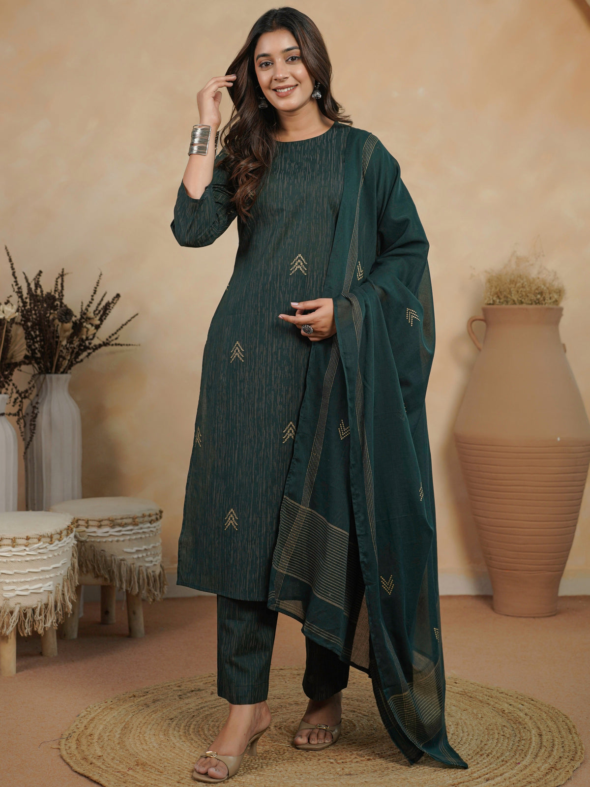 soft cotton gold foil straight green kurta