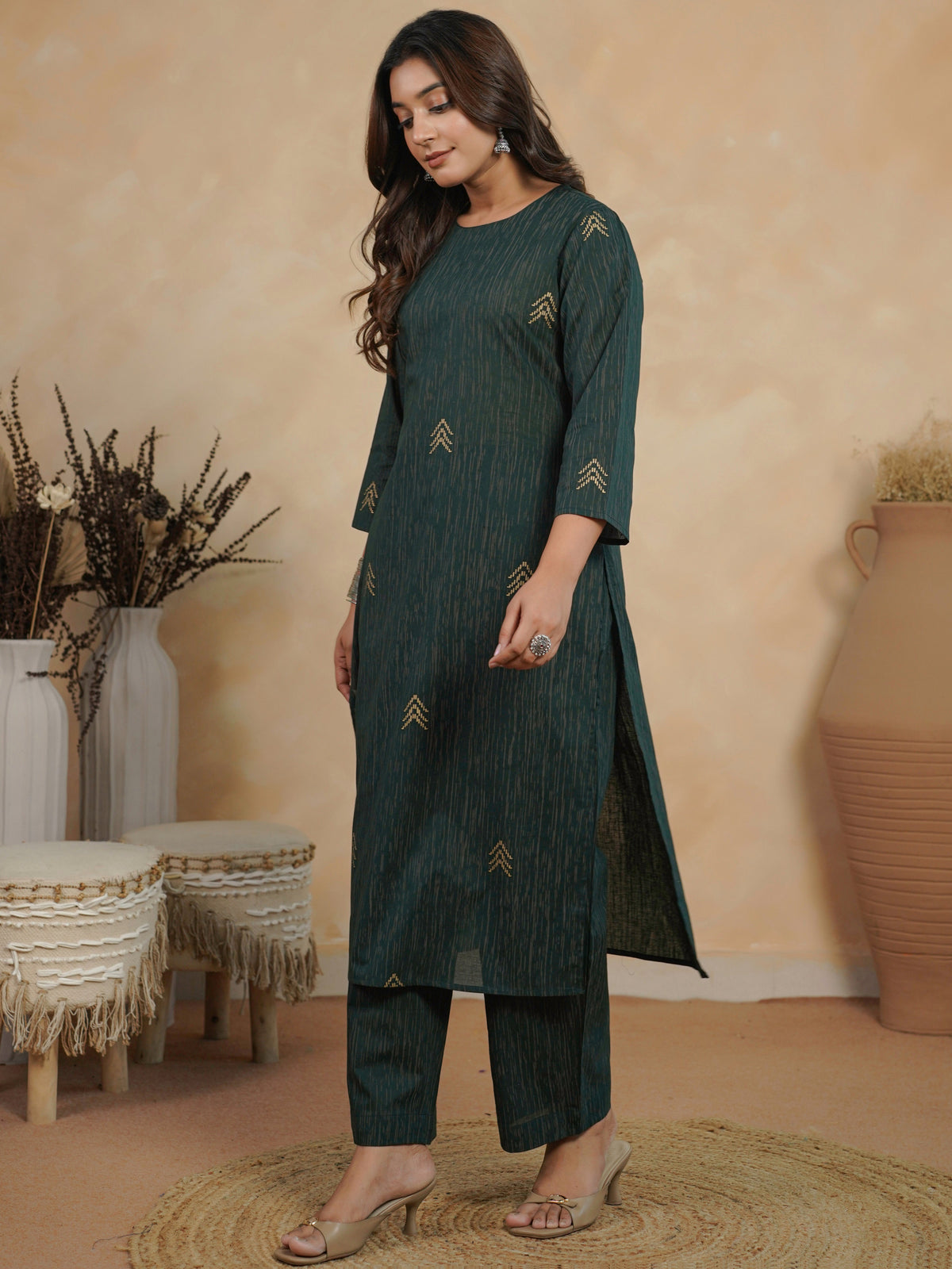 soft cotton gold foil straight green kurta