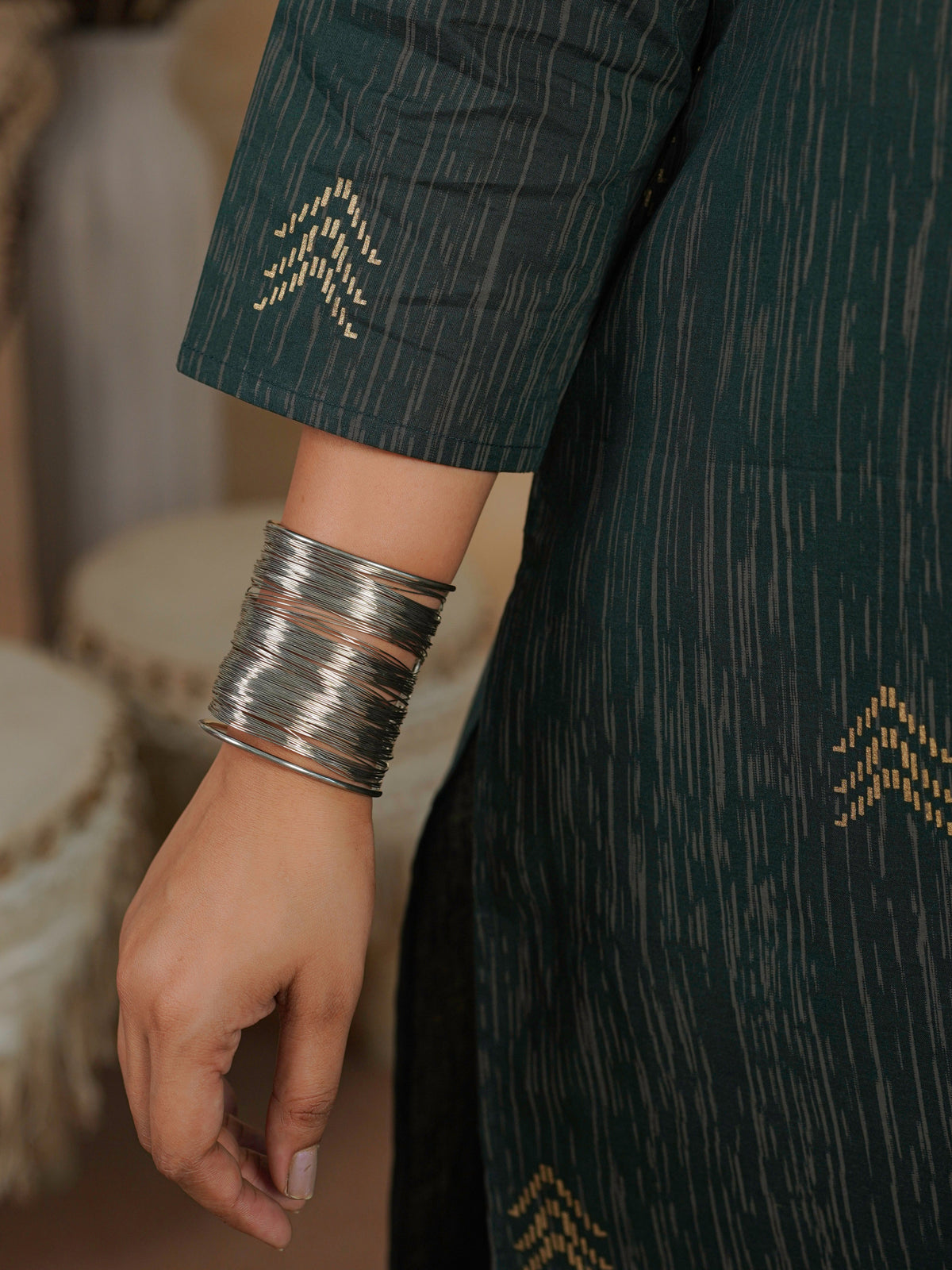 soft cotton gold foil straight green kurta