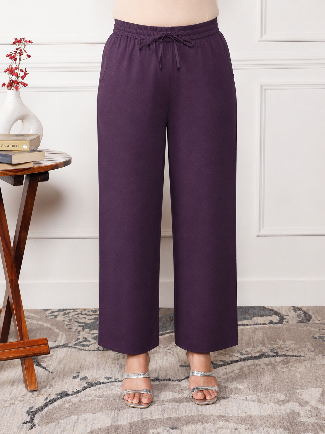 Soft Cotton Solid Purple Regular Trousers