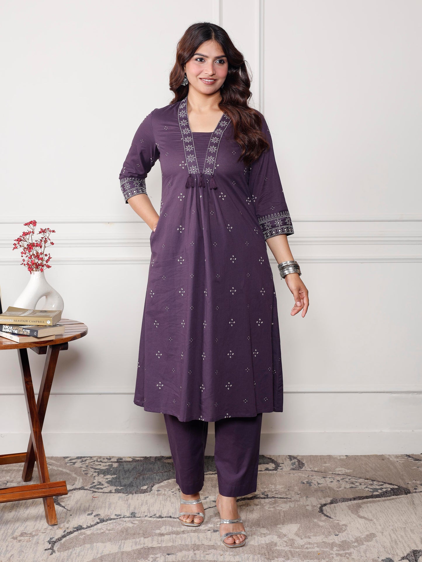 Embroidered Soft cotton Bandhani A-line Purple Kurta