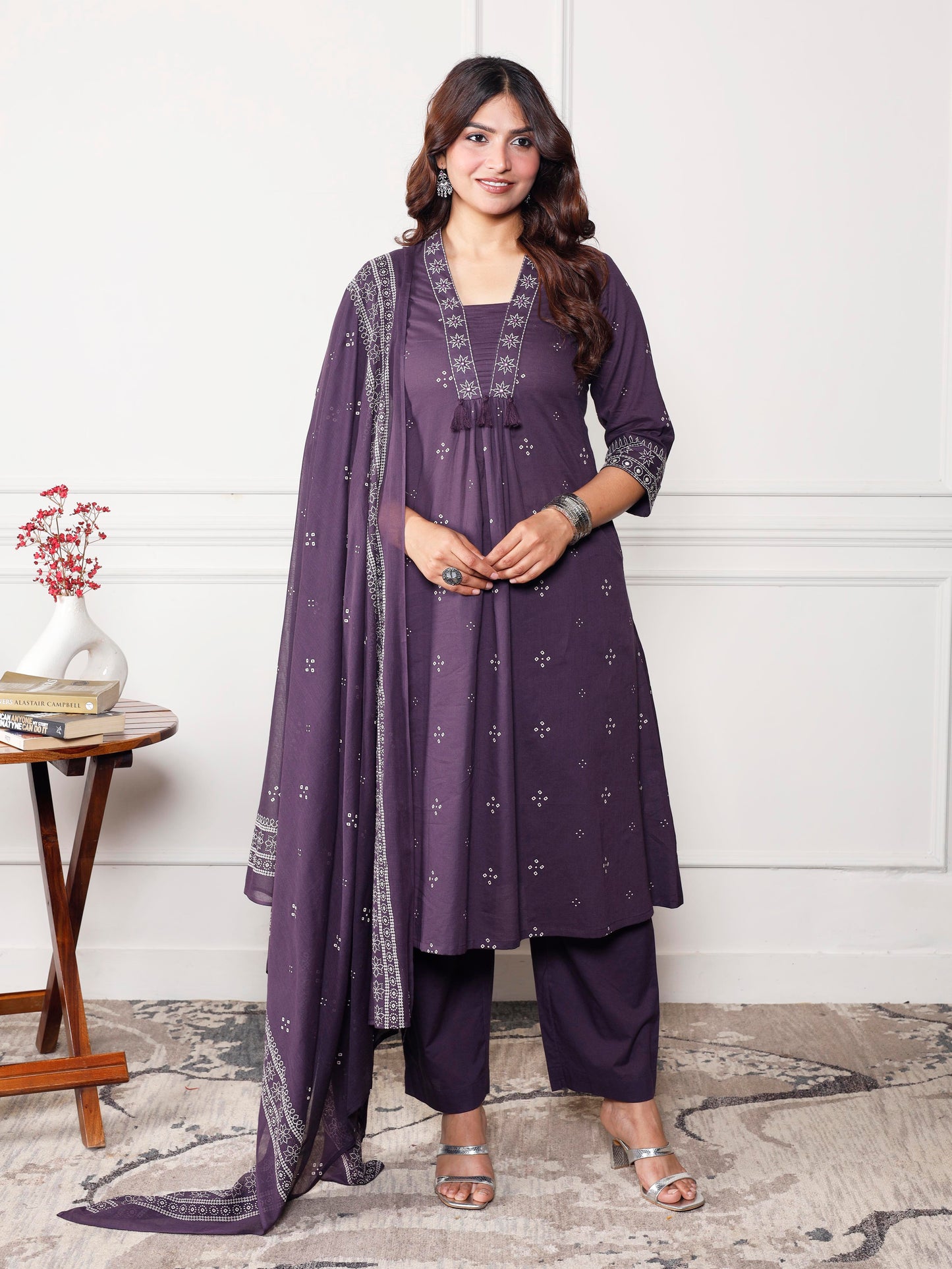 Embroidered Soft cotton Bandhani A-line Purple Kurta