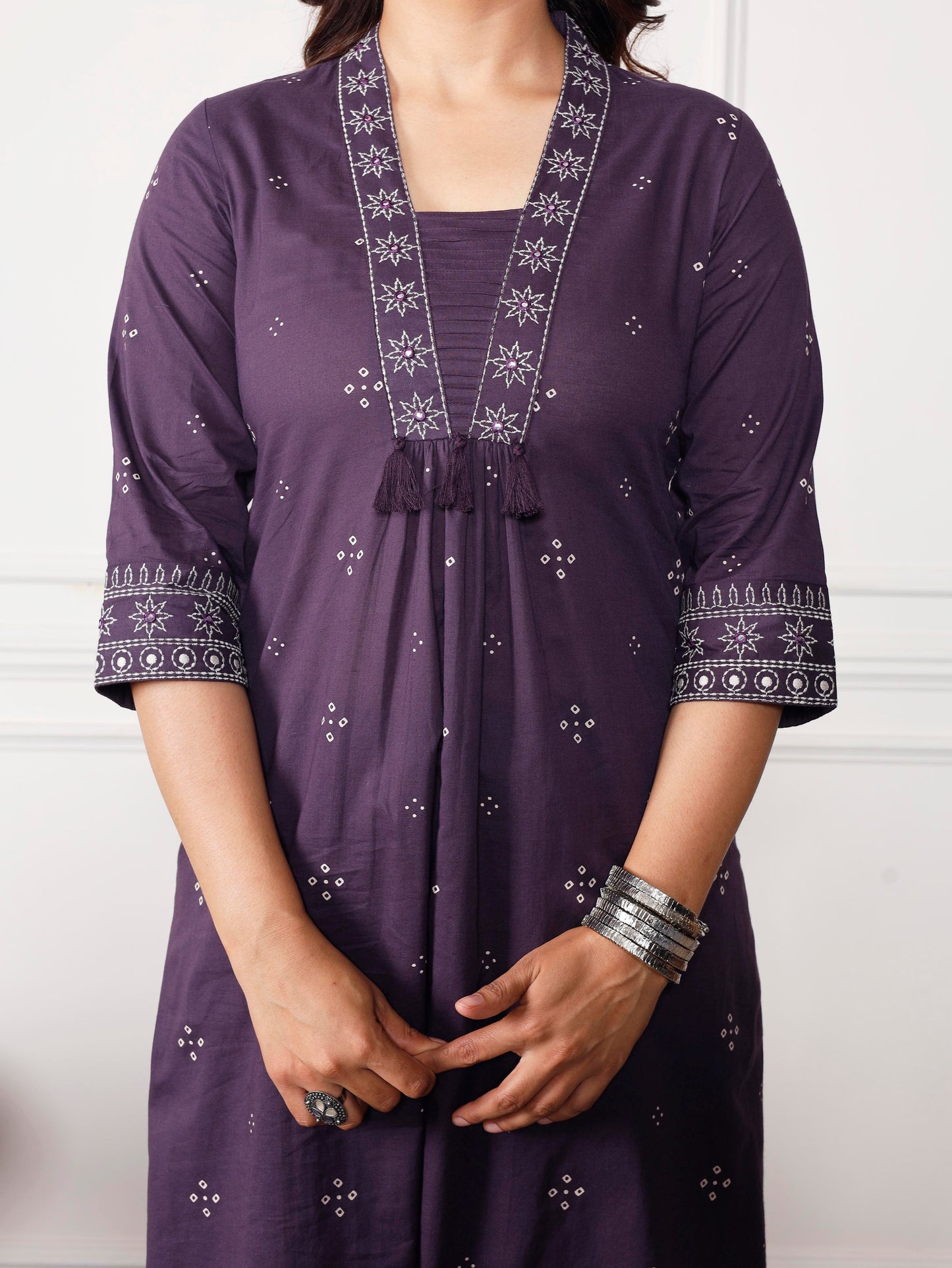 Embroidered Soft cotton Bandhani A-line Purple Kurta