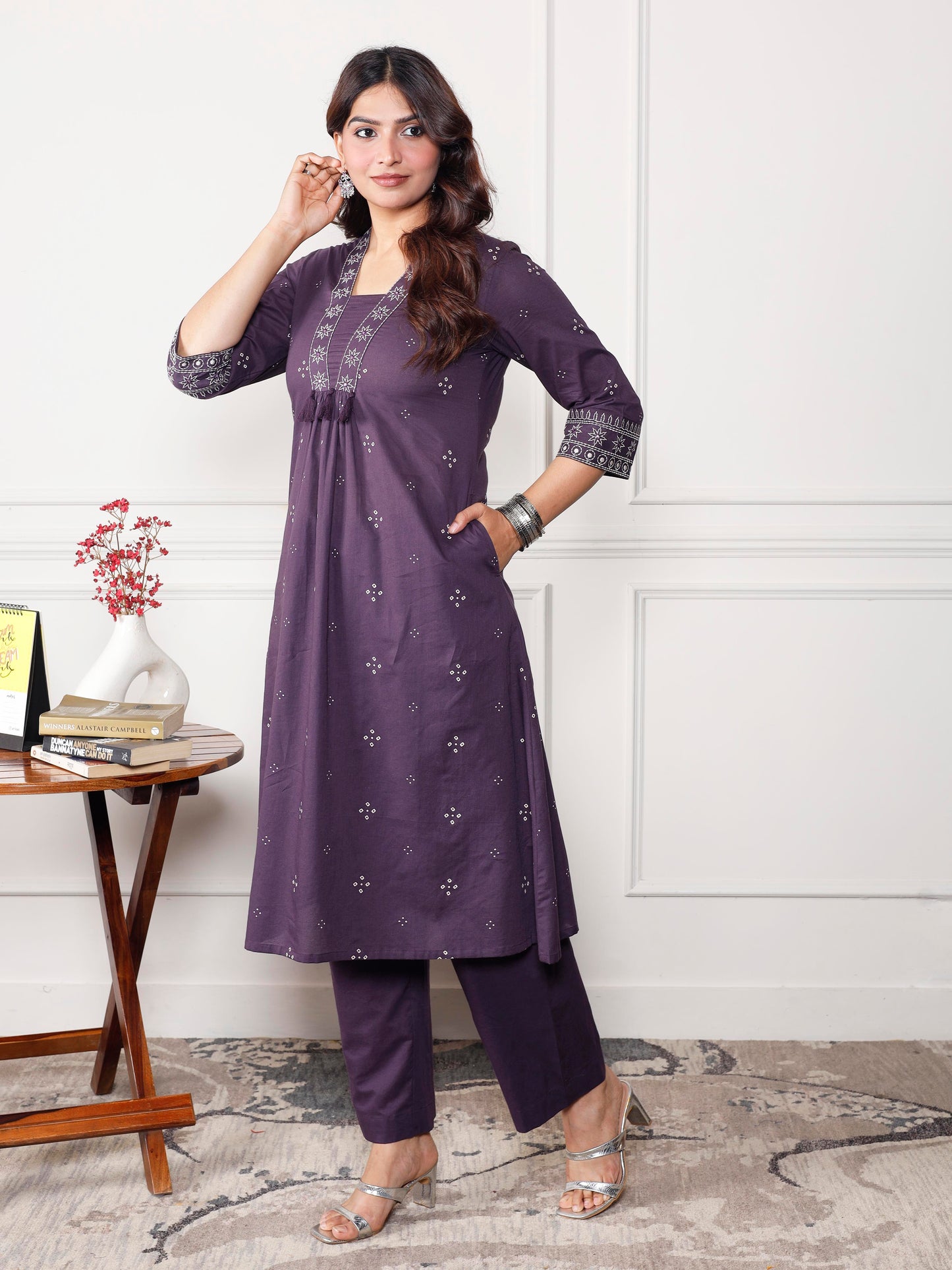 Embroidered Soft cotton Bandhani A-line Purple Kurta