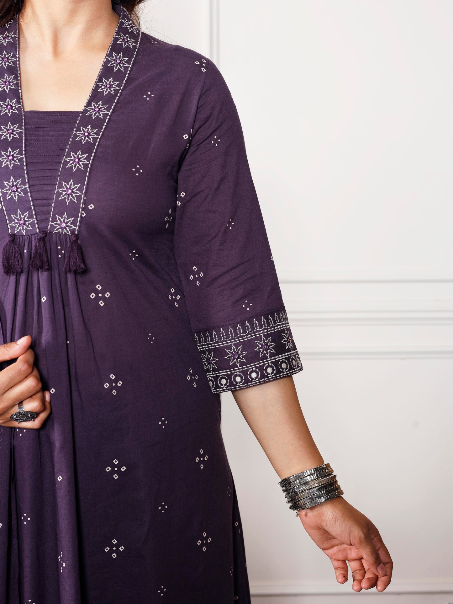 Embroidered Soft cotton Bandhani A-line Purple Kurta