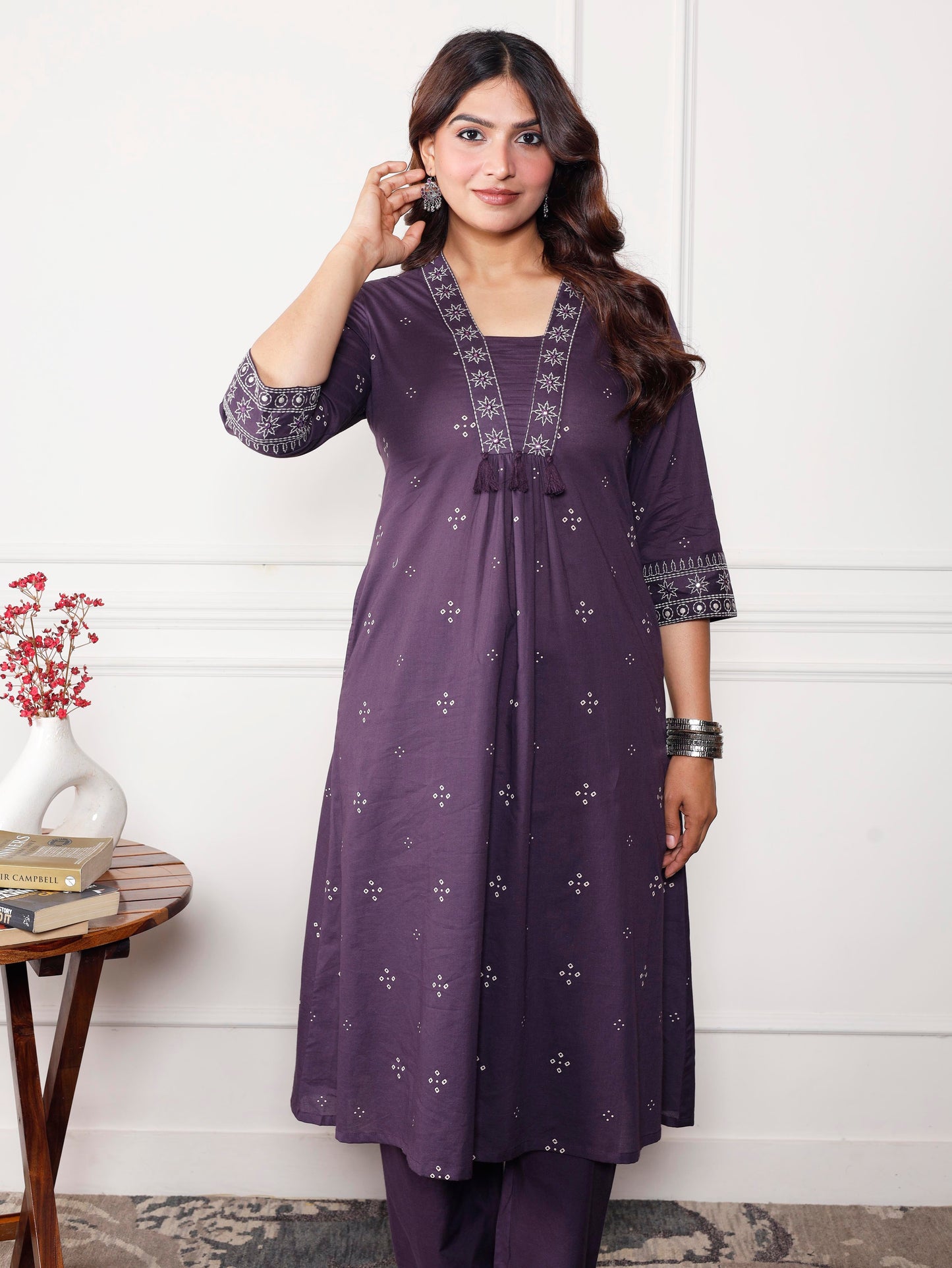 Embroidered Soft cotton Bandhani A-line Purple Kurta