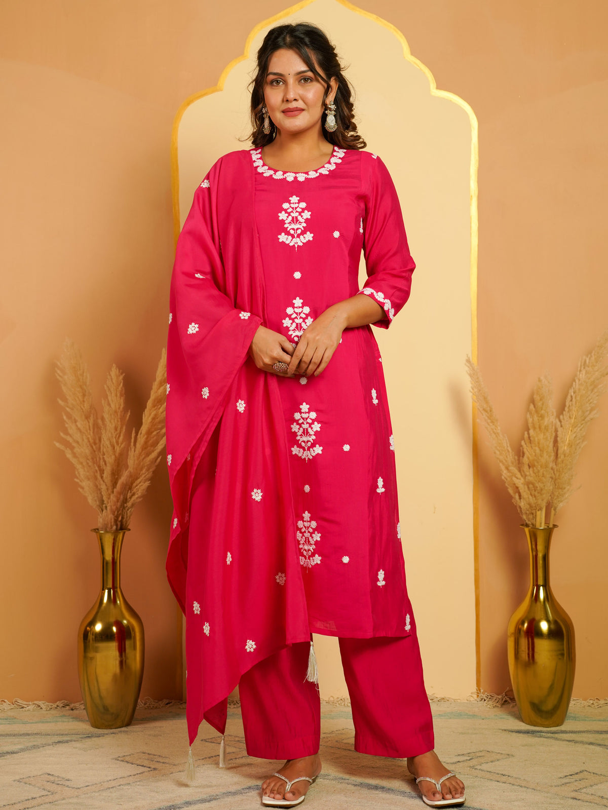 Embroidered Chanderi Solid Fuchsia Dupatta