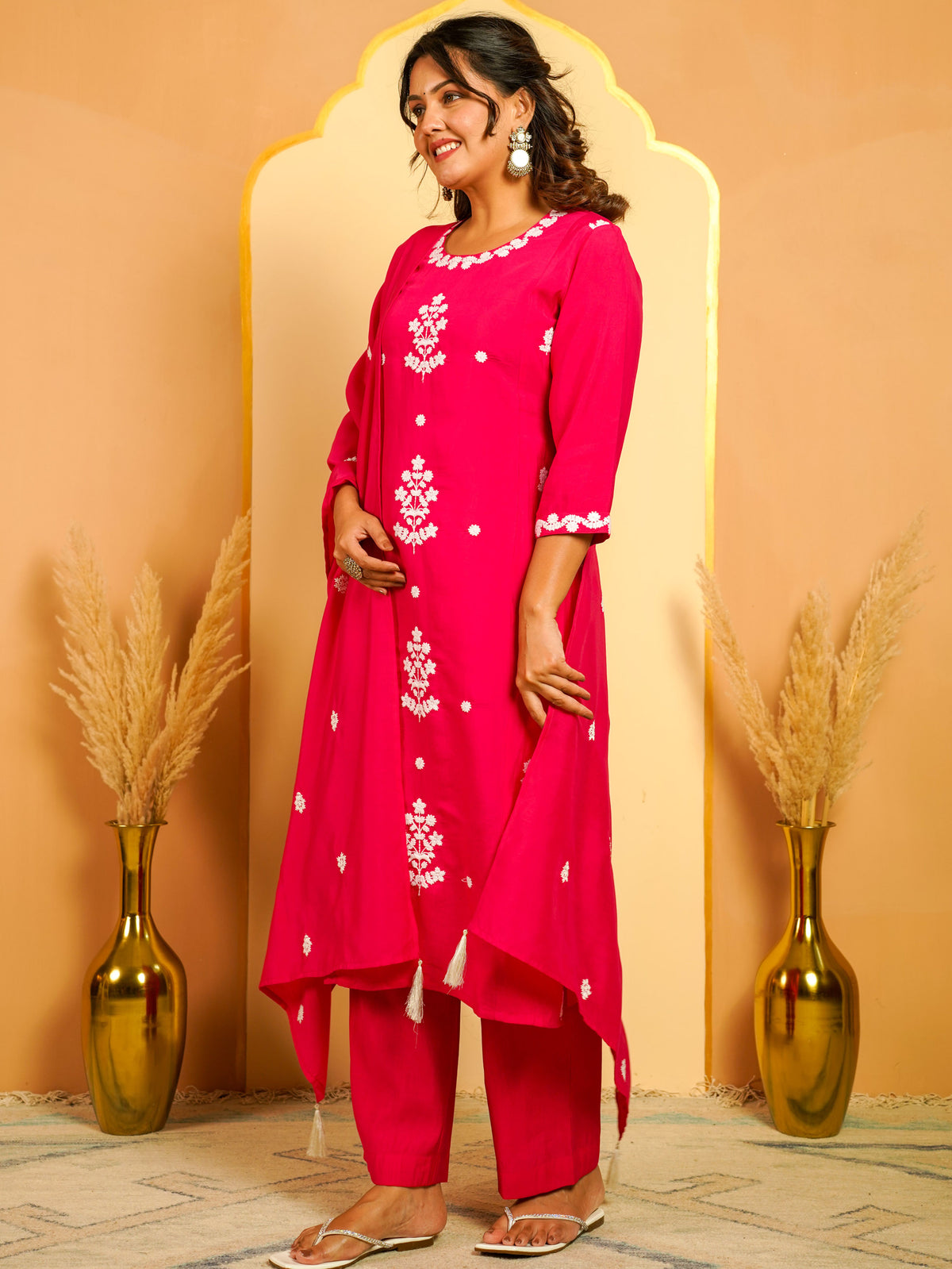 Embroidered Chanderi Solid Fuchsia Dupatta