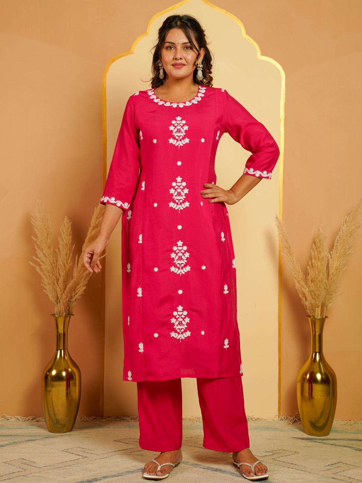 Embroidered Chanderi Solid Straight Fuchsia Kurta