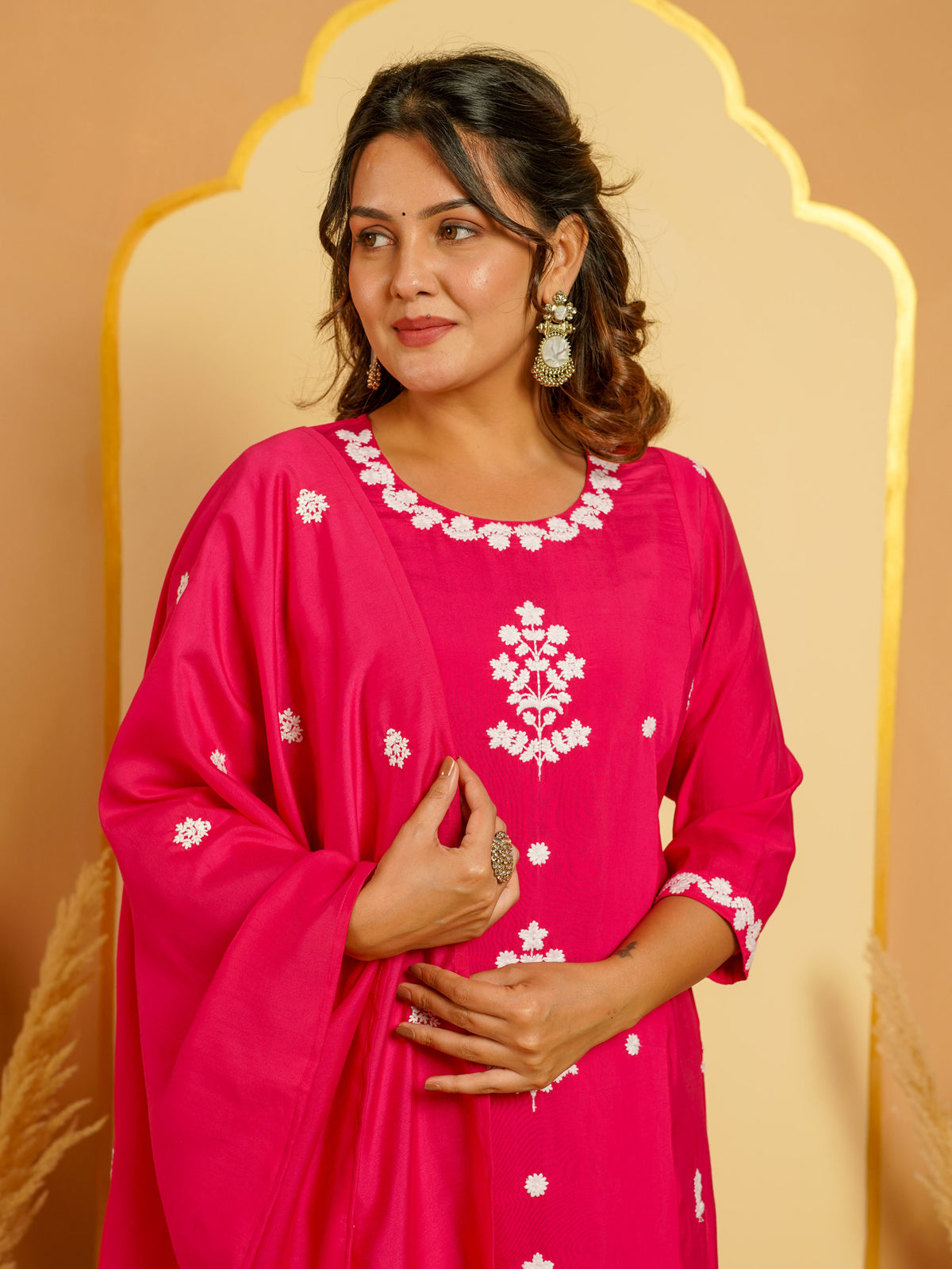 Embroidered Chanderi Solid Straight Fuchsia Kurta