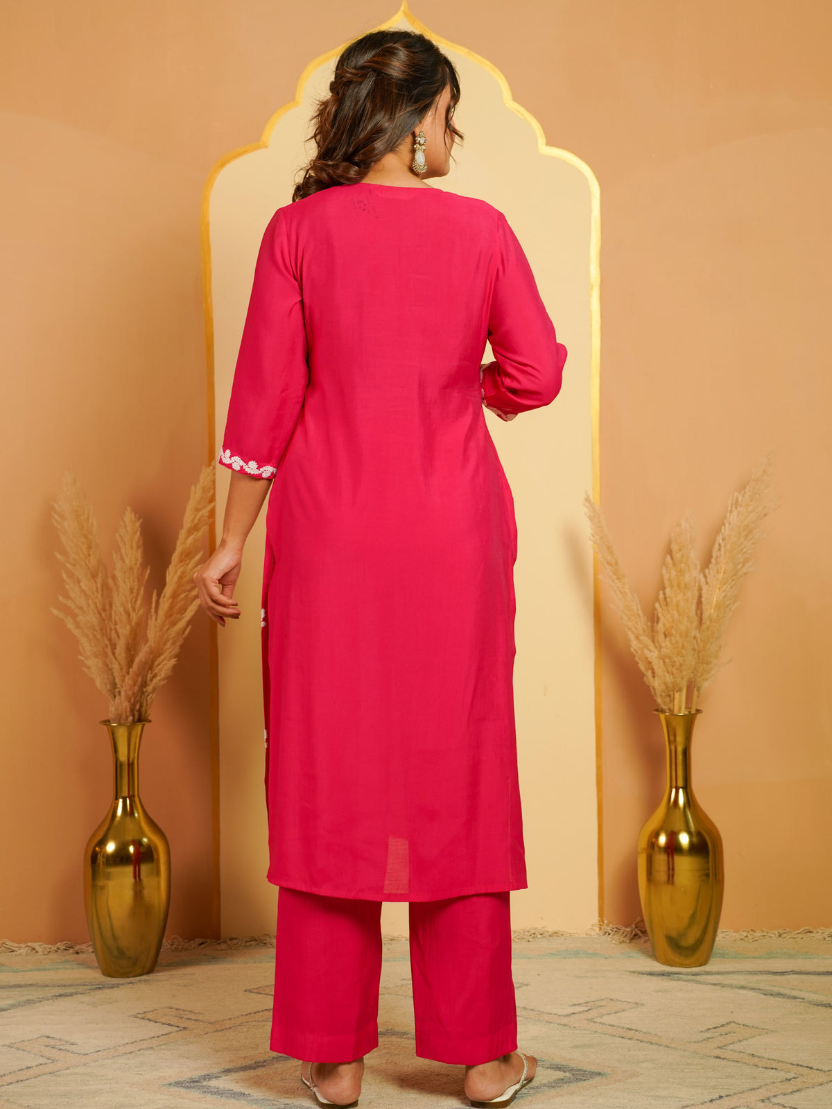 Embroidered Chanderi Solid Straight Fuchsia Kurta