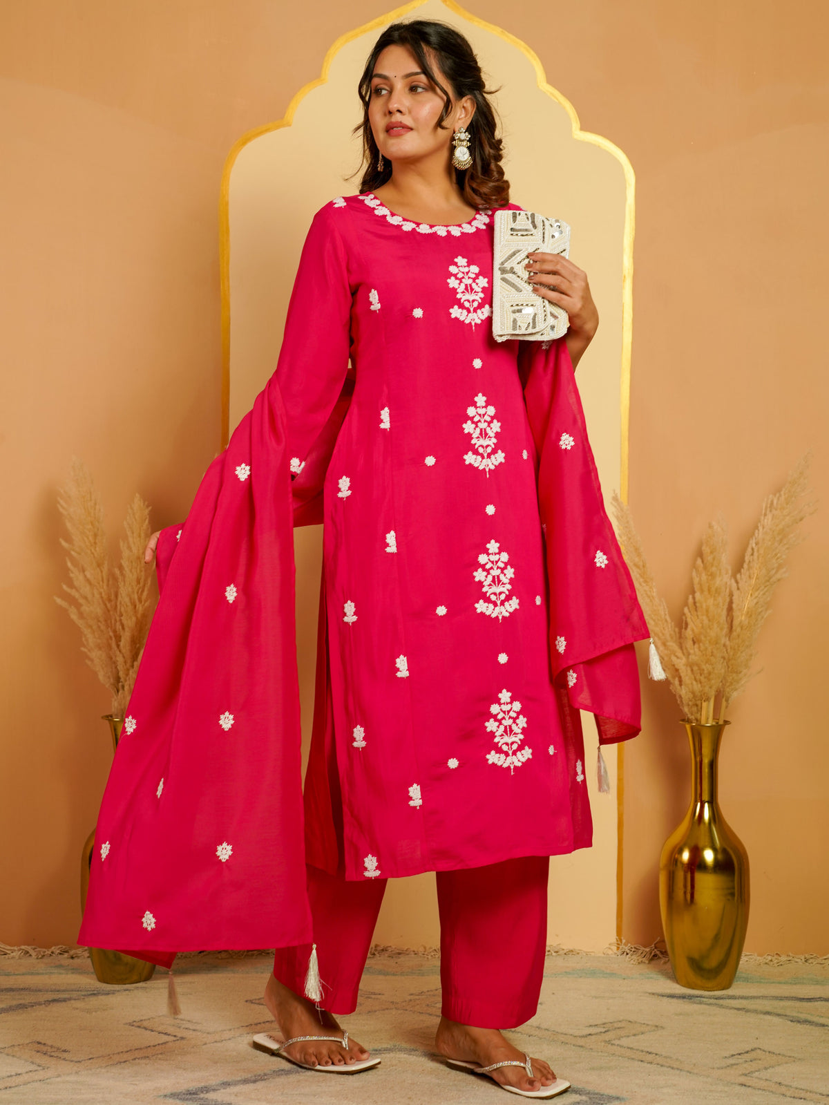 Embroidered Chanderi Solid Straight Fuchsia Kurta