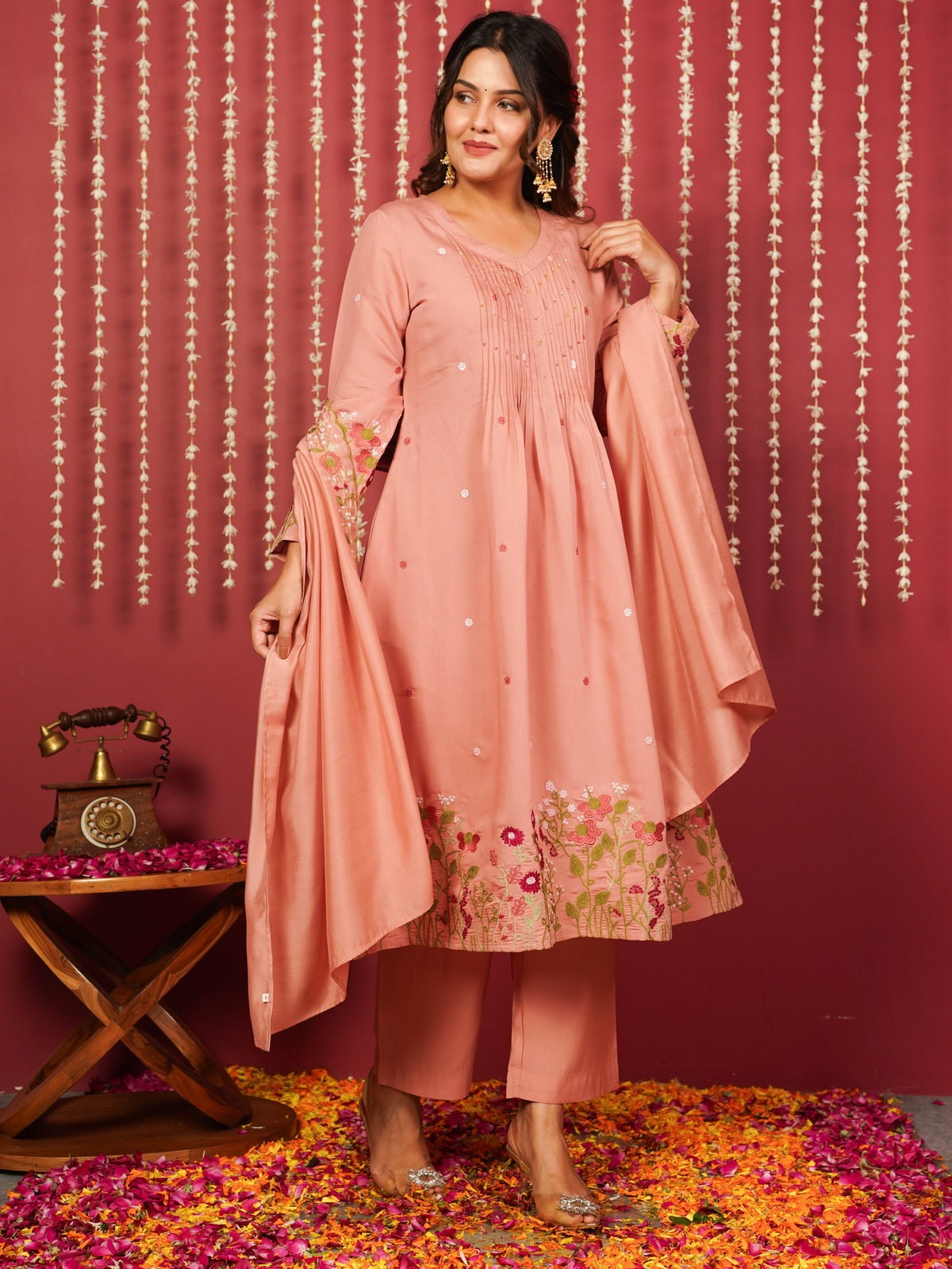 Embroidered Chanderi Solid Peach Dupatta