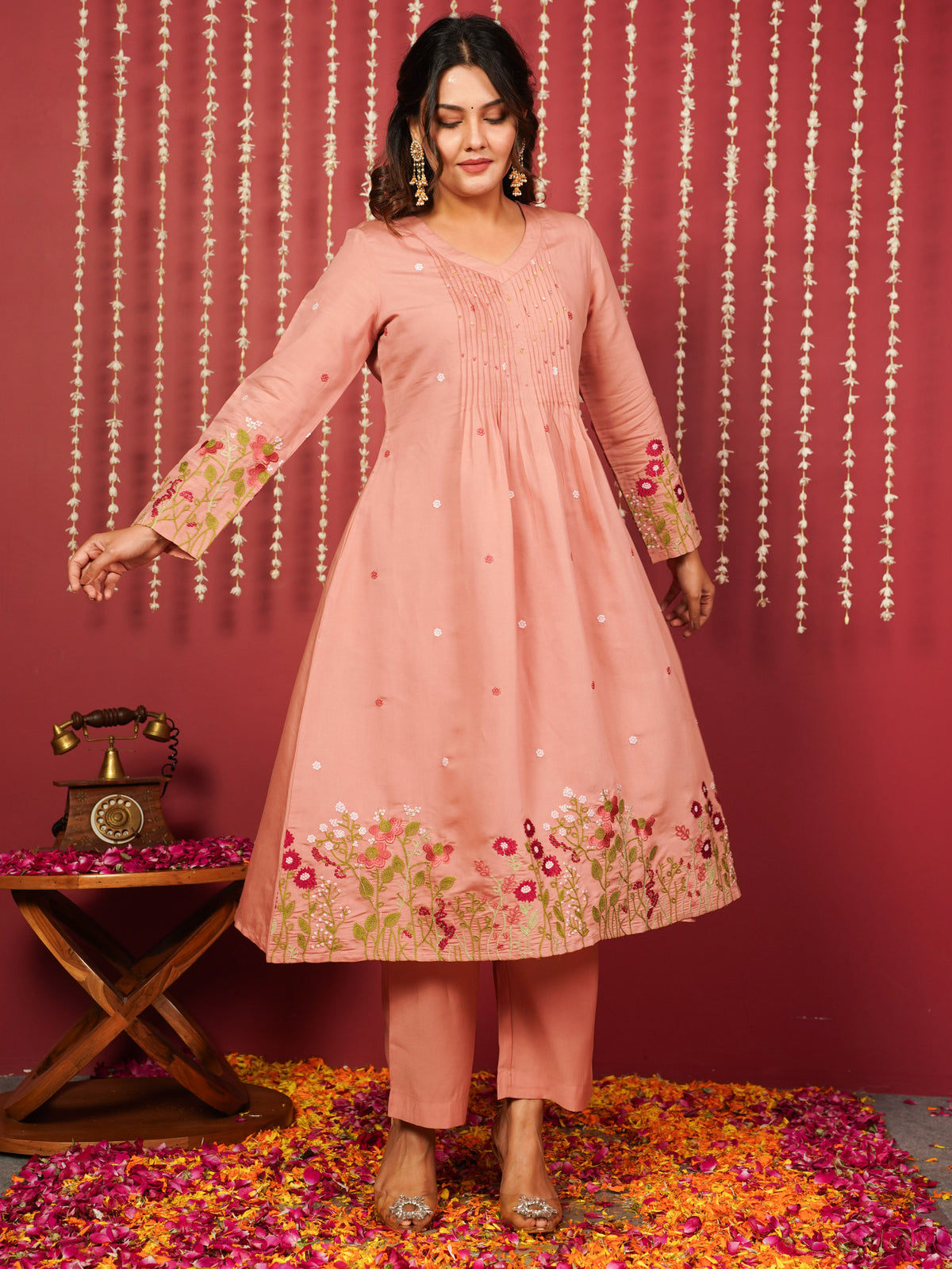 Embroidered Chanderi Solid A-Line Peach Kurta
