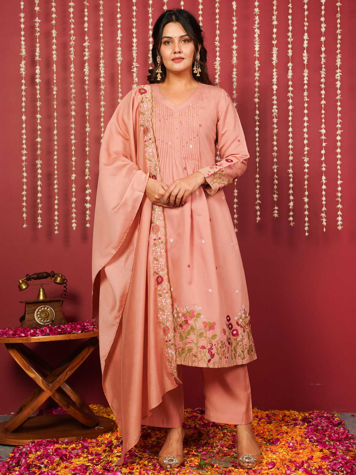 Embroidered Chanderi Solid A-Line Peach Kurta