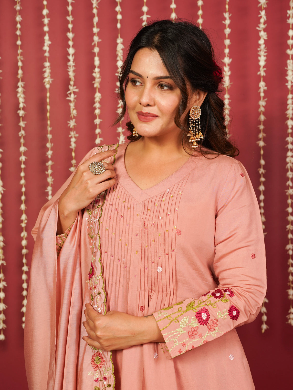 Embroidered Chanderi Solid A-Line Peach Kurta