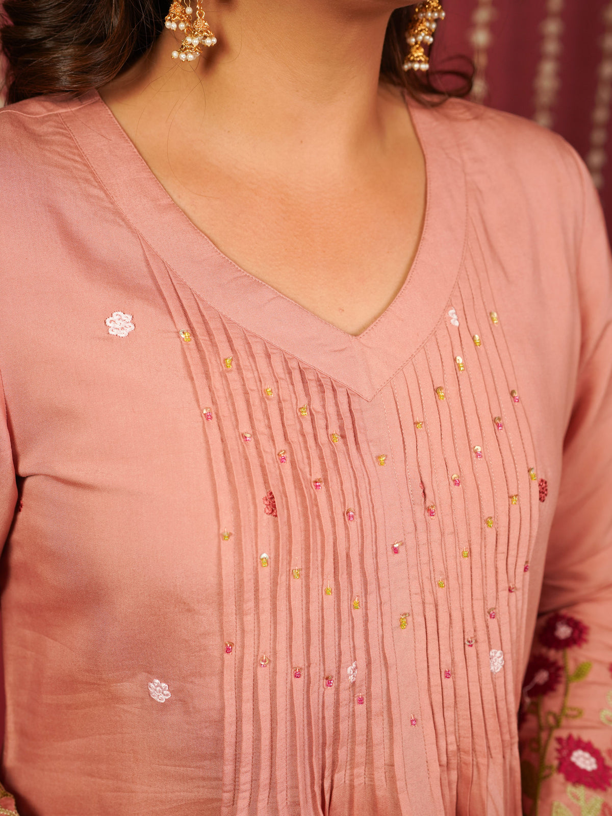 Embroidered Chanderi Solid A-Line Peach Kurta