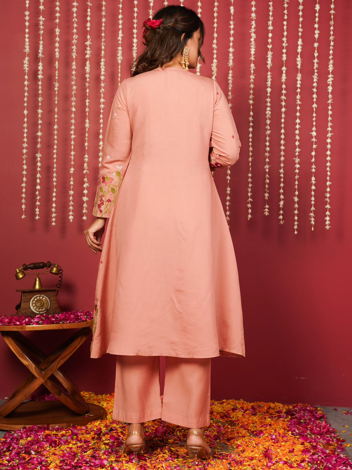 Embroidered Chanderi Solid A-Line Peach Kurta