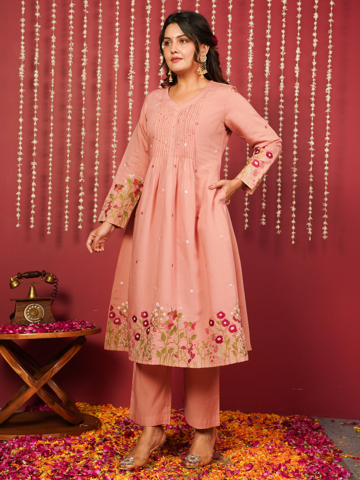 Embroidered Chanderi Solid A-Line Peach Kurta