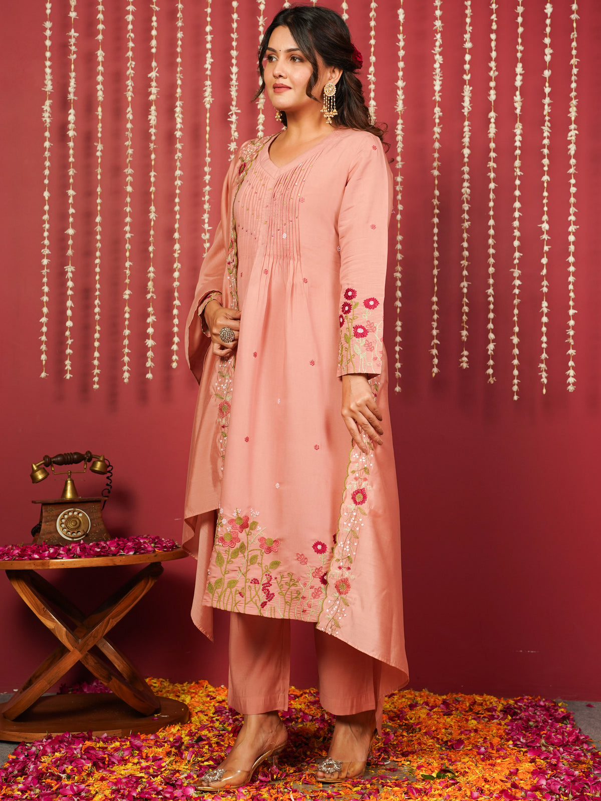 Embroidered Chanderi Solid A-Line Peach Kurta