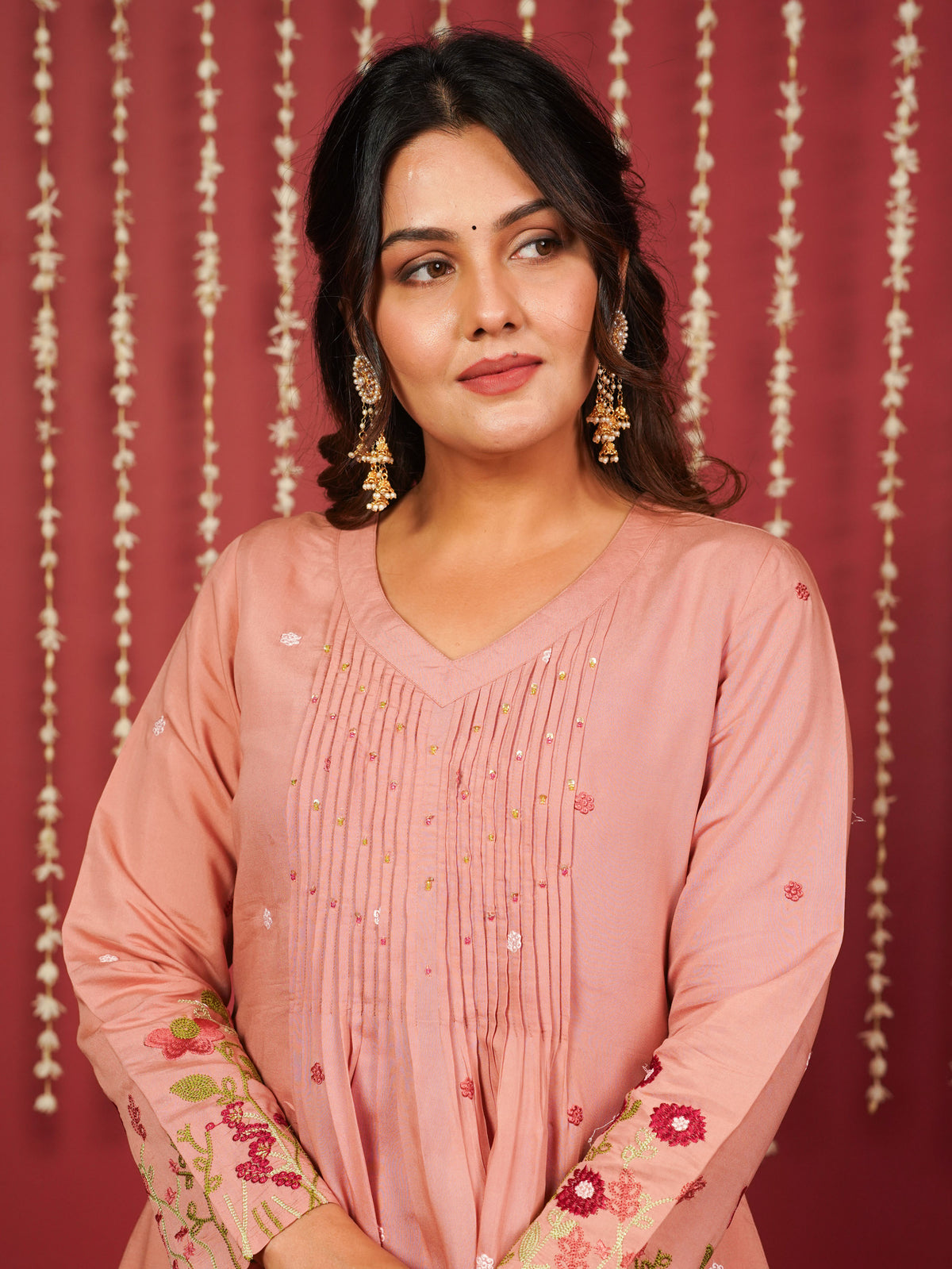 Embroidered Chanderi Solid A-Line Peach Kurta