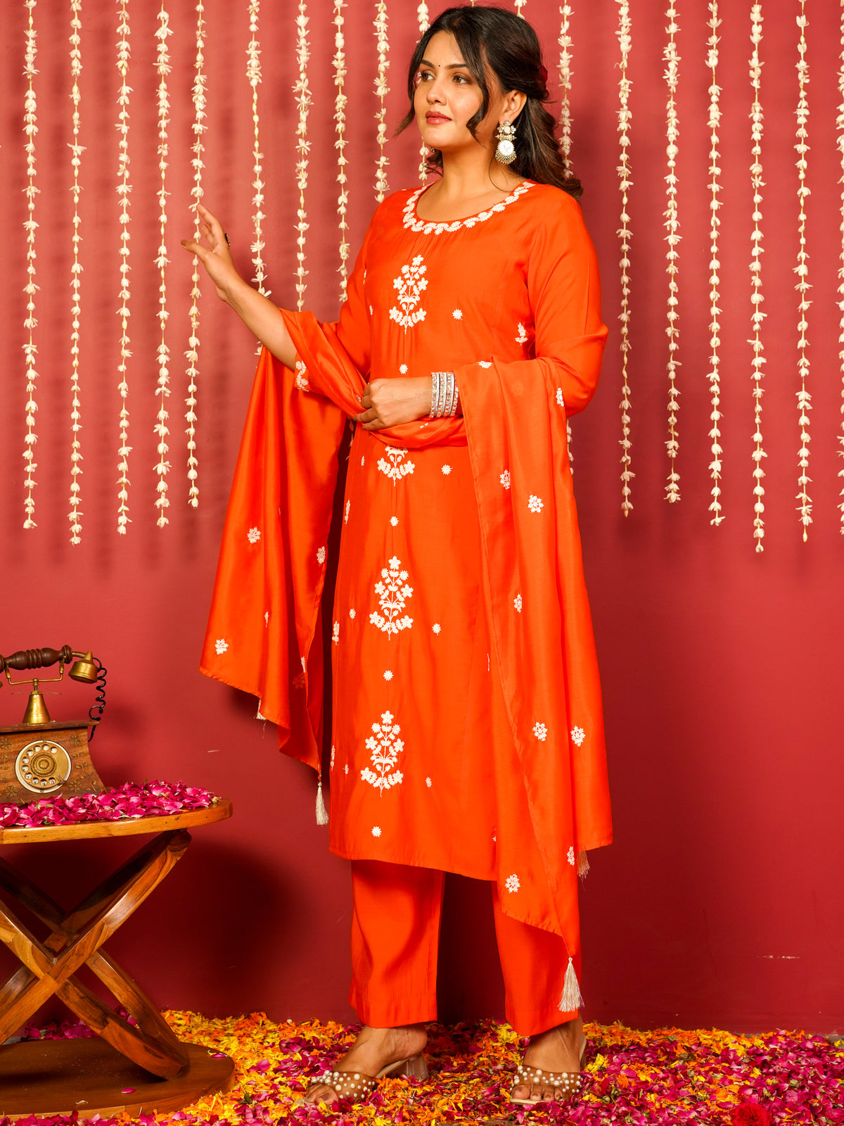 Embroidered Chanderi Solid Straight Orange Kurta