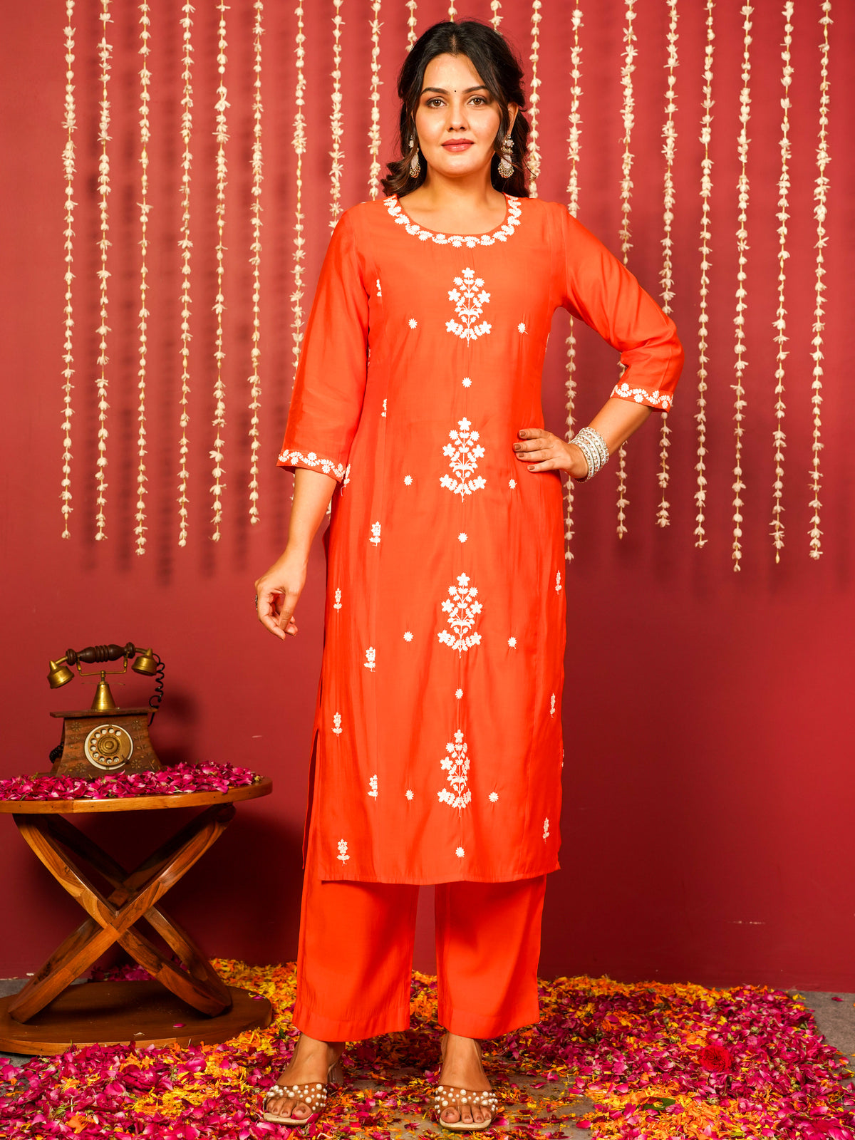 Embroidered Chanderi Solid Straight Orange Kurta