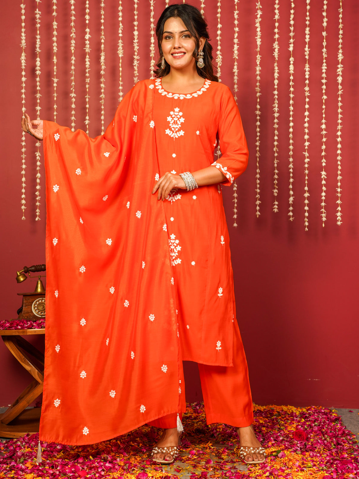 Embroidered Chanderi Solid Straight Orange Kurta
