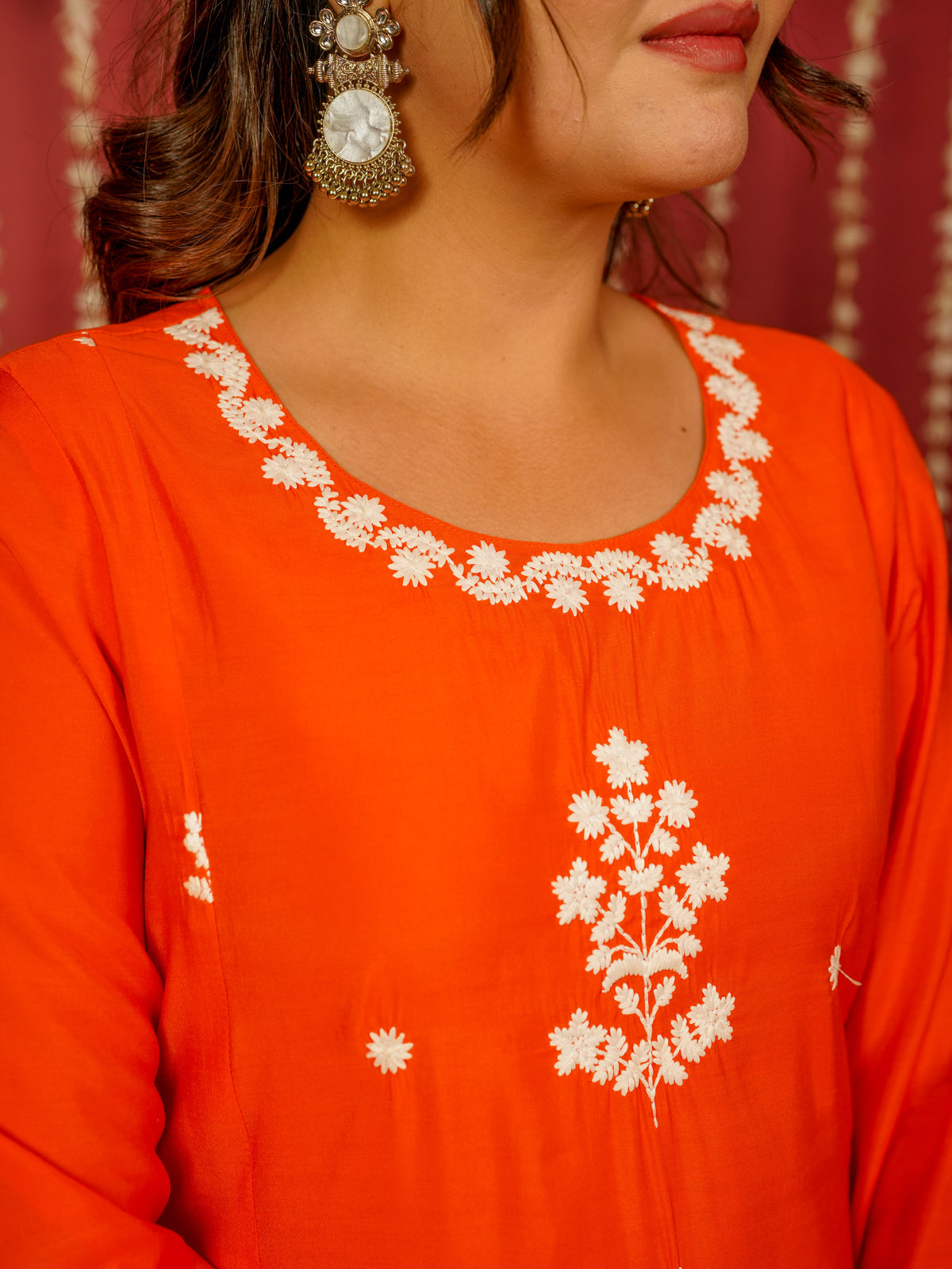Embroidered Chanderi Solid Straight Orange Kurta