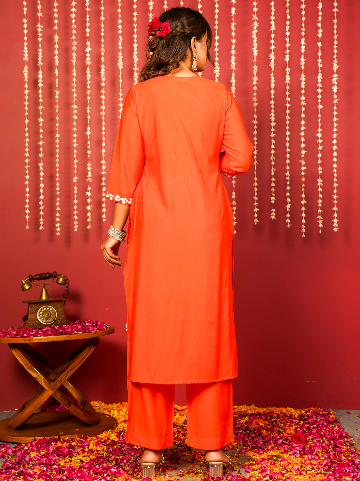 Embroidered Chanderi Solid Straight Orange Kurta