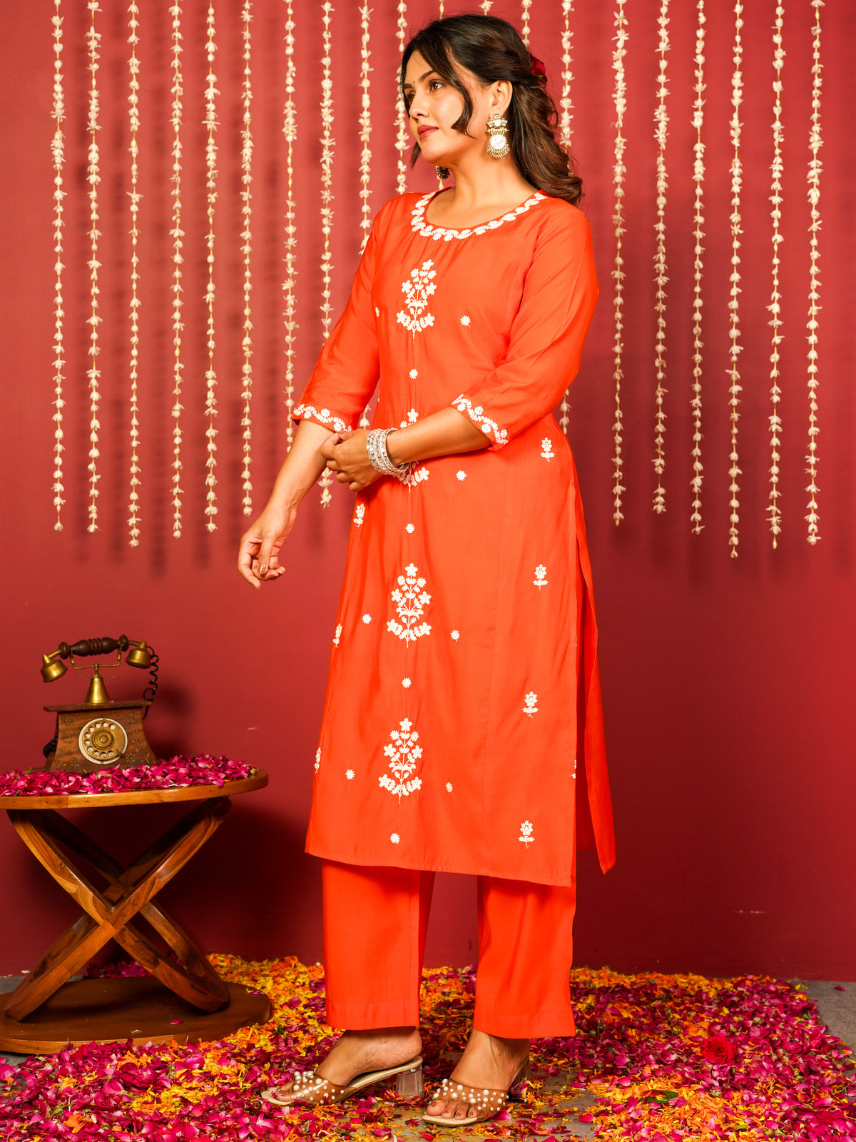 Embroidered Chanderi Solid Straight Orange Kurta