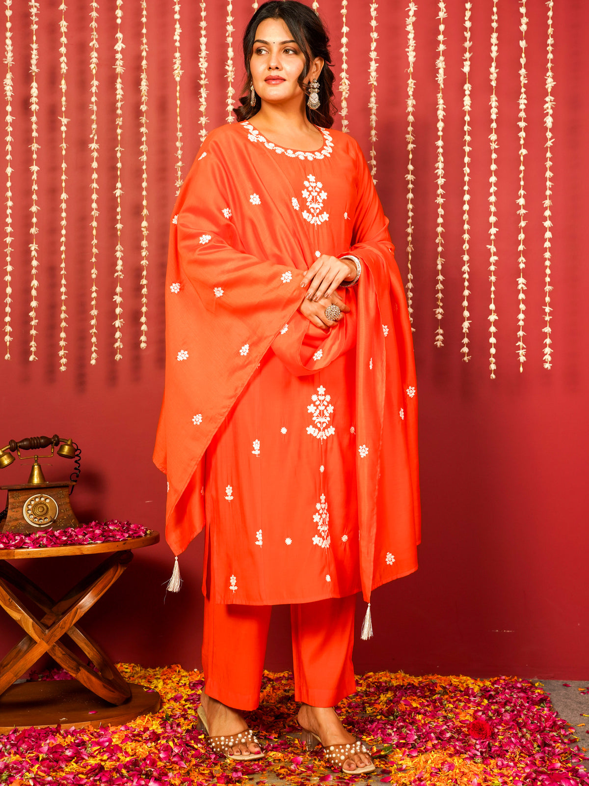 Embroidered Chanderi Solid Straight Orange Kurta
