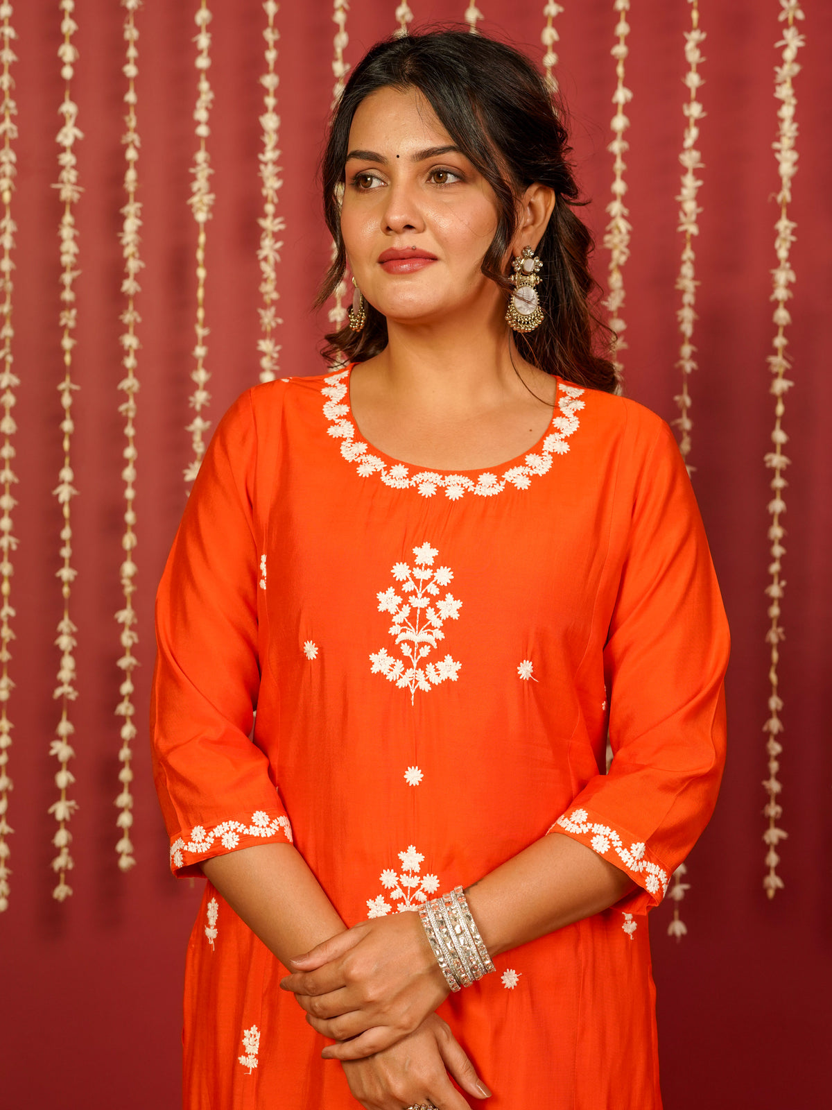 Embroidered Chanderi Solid Straight Orange Kurta