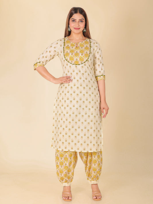 Soft Cotton Floral Straight White Kurta