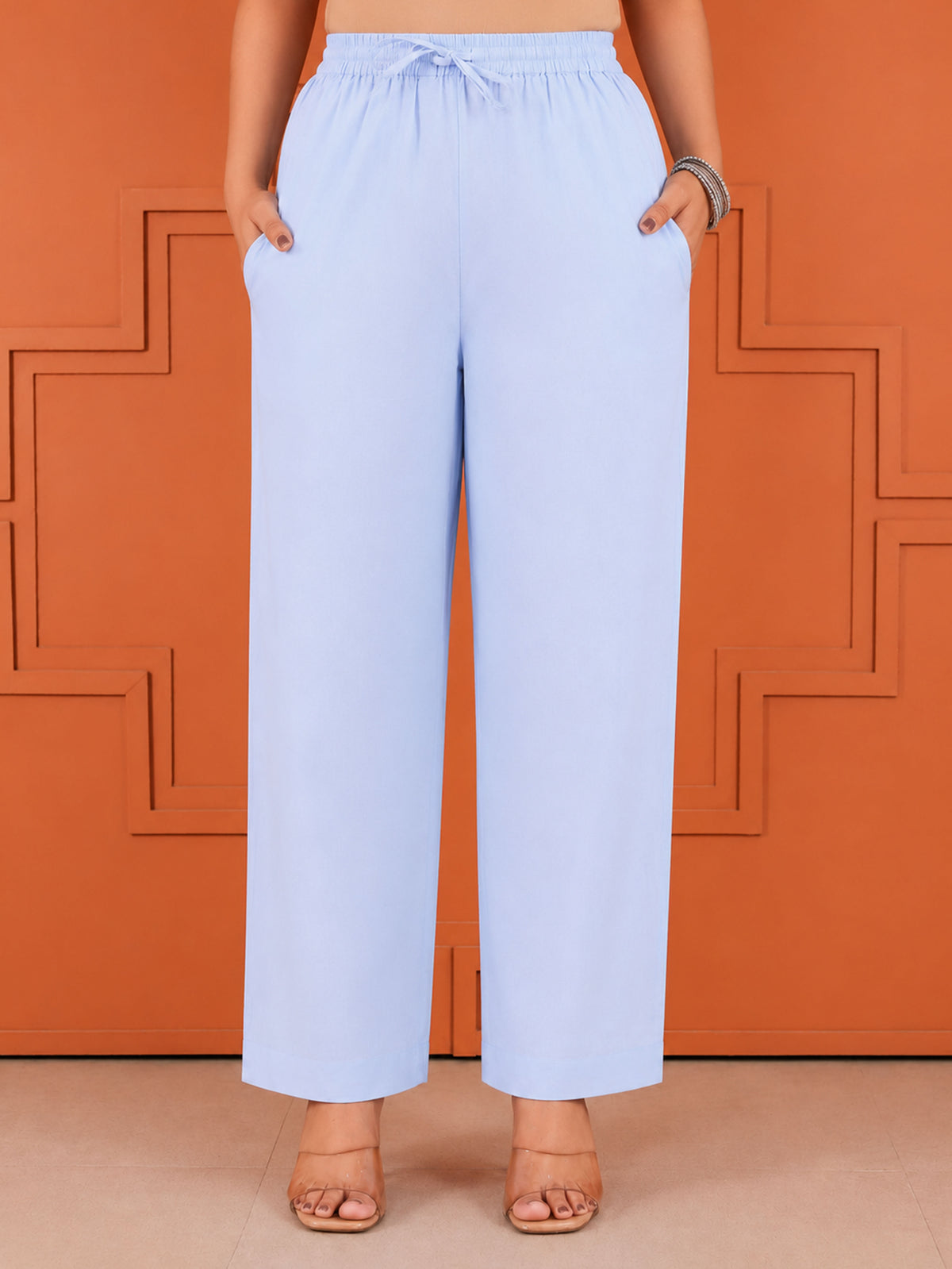 Soft cotton Solid Baby Blue Straight Trousers