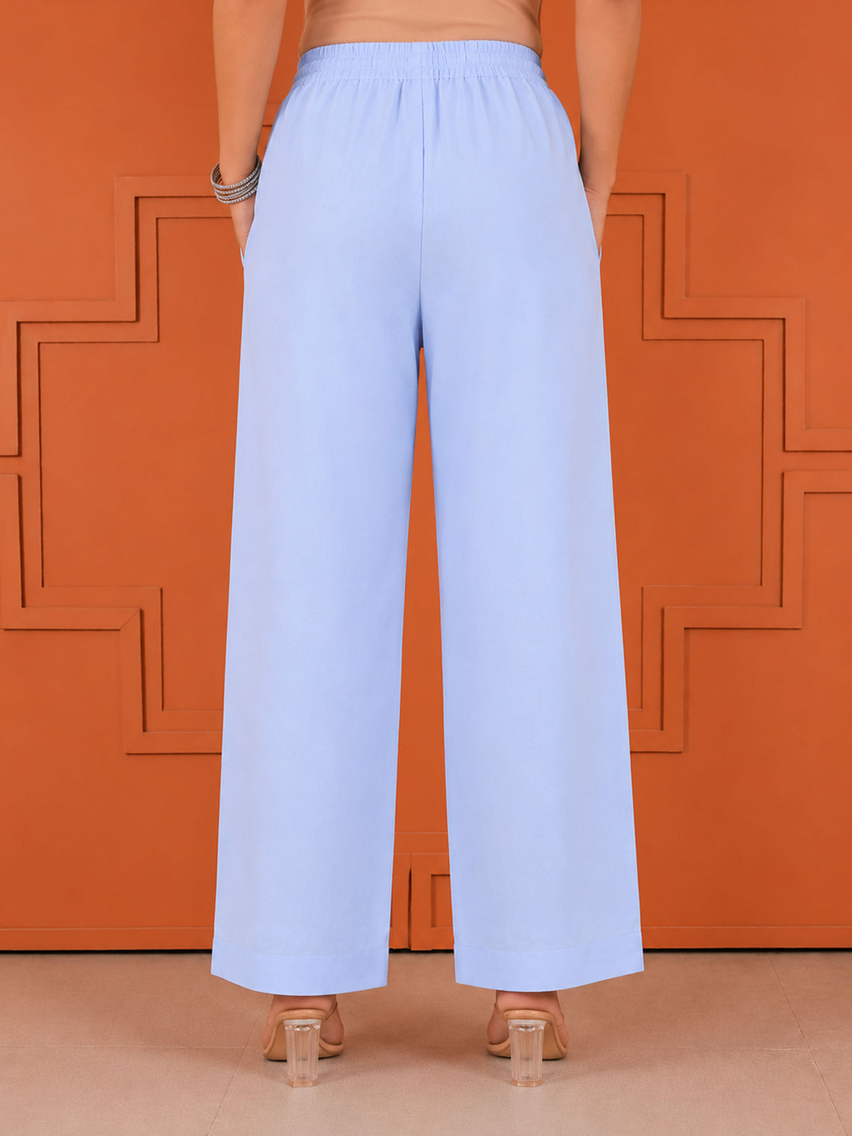 Soft cotton Solid Baby Blue Straight Trousers