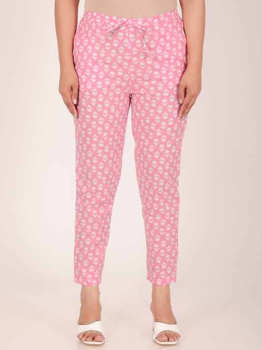 Soft Cotton Floral Pink Tapered Trousers